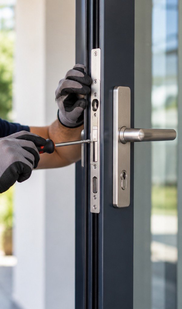 Artisan ganté vissant une serrure multipoints sur le chant d'une porte d'entrée